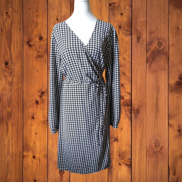ModCloth Women's XL Long Sleeve Houndstooth Wrap Dress V-Neck Retro Classic NEW - Picture 1 of 8